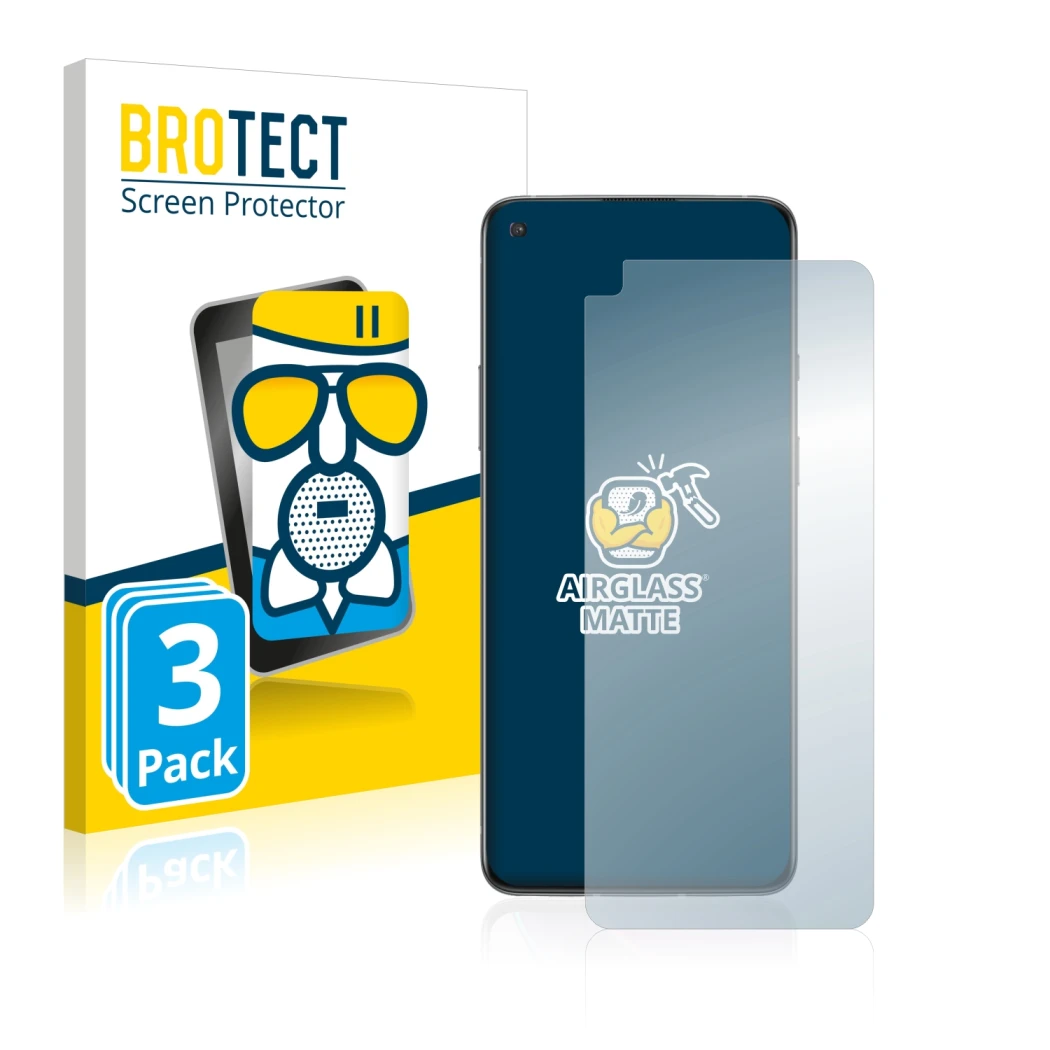 Front side of a product packaging with the brand logo BROTECT. Next to it is the device OnePlus 8T shown with the correspondin