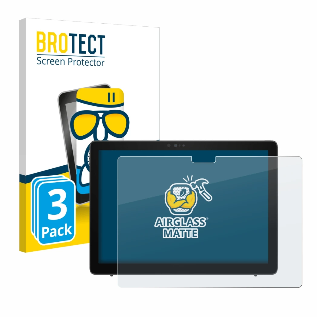 Front side of a product packaging with the brand logo BROTECT. Next to it is the device Dell Latitude 7210 2-in-1 shown with t