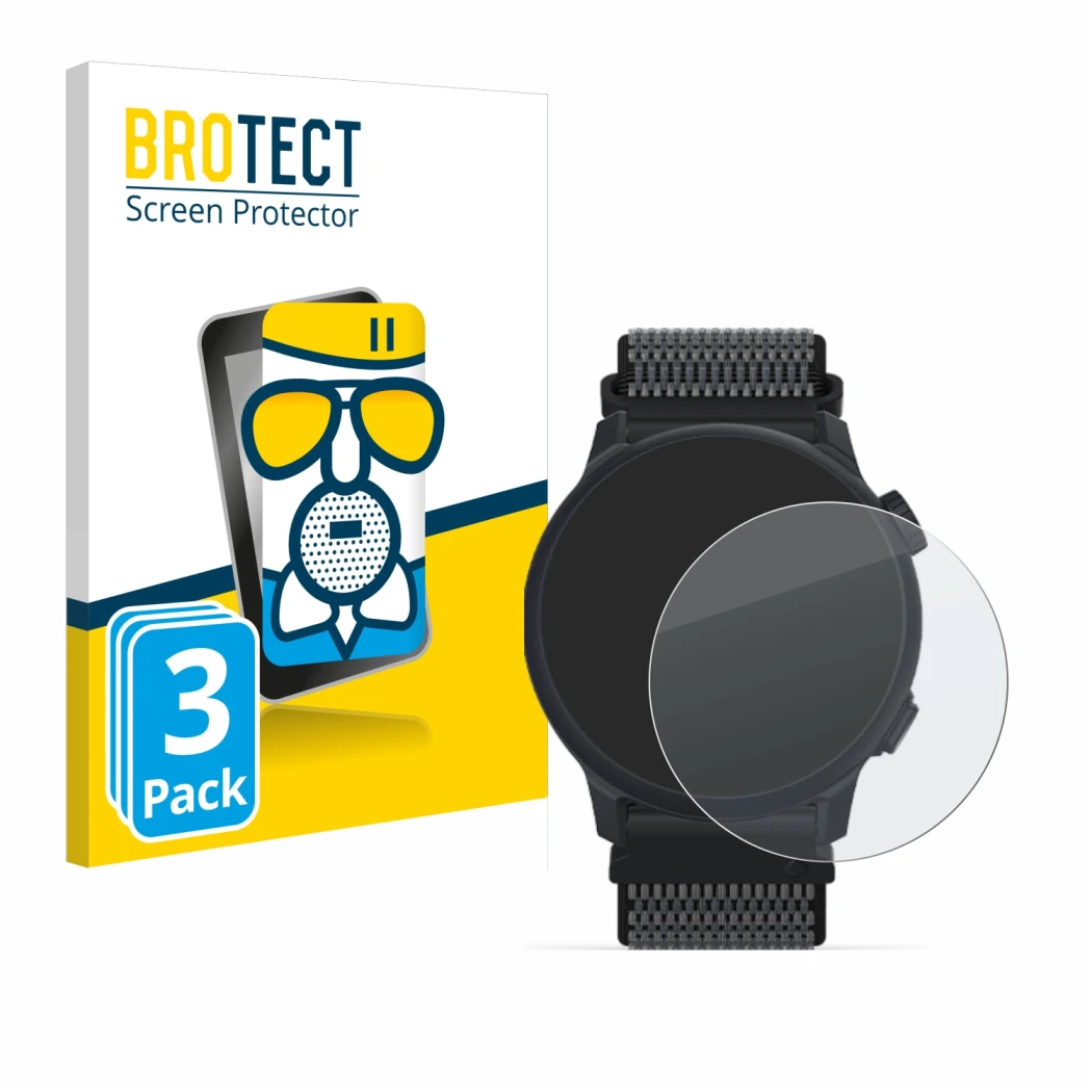 Front side of a product packaging with the brand logo BROTECT. Next to it is the device Coros Pace 2 shown with the correspond
