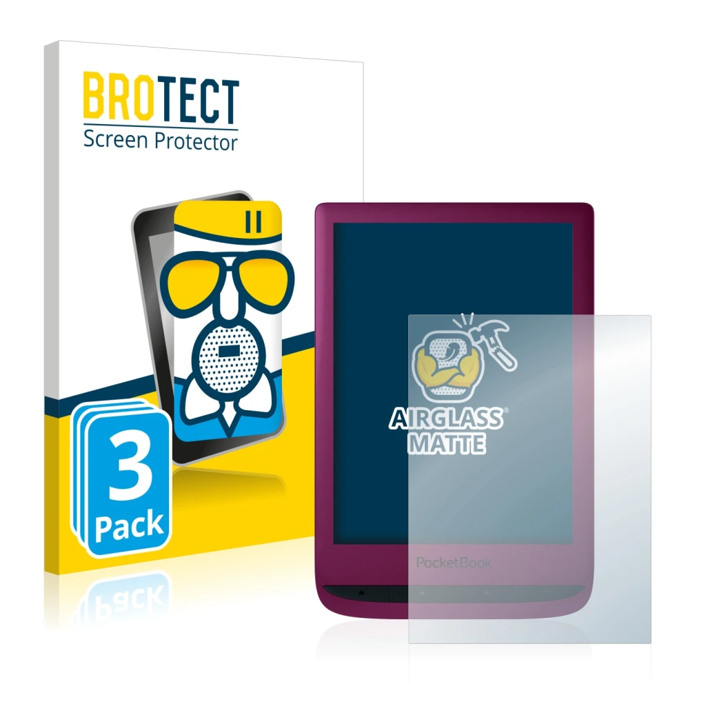 Front side of a product packaging with the brand logo BROTECT. Next to it is the device PocketBook Touch Lux 5 shown with the 