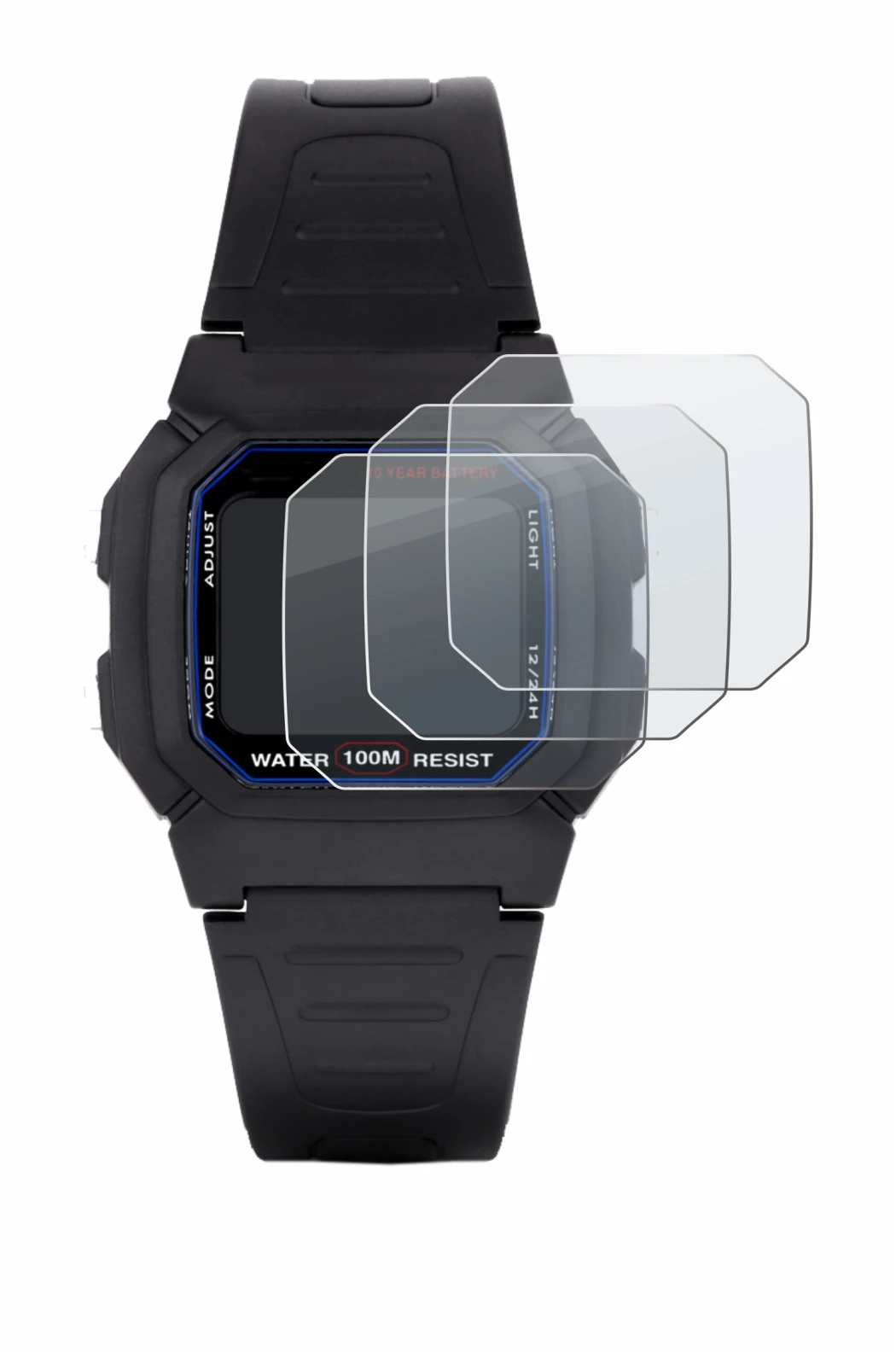 Image of the device Casio W-800H-1AVES with a wide variety of screen protectors.