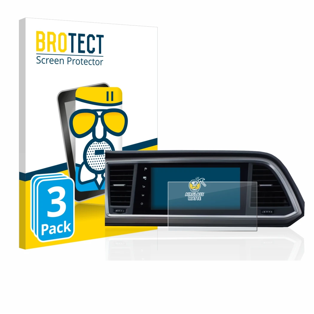 Front side of a product packaging with the brand logo BROTECT. Next to it is the device Seat Ateca Style Go 2020 Infotainment 