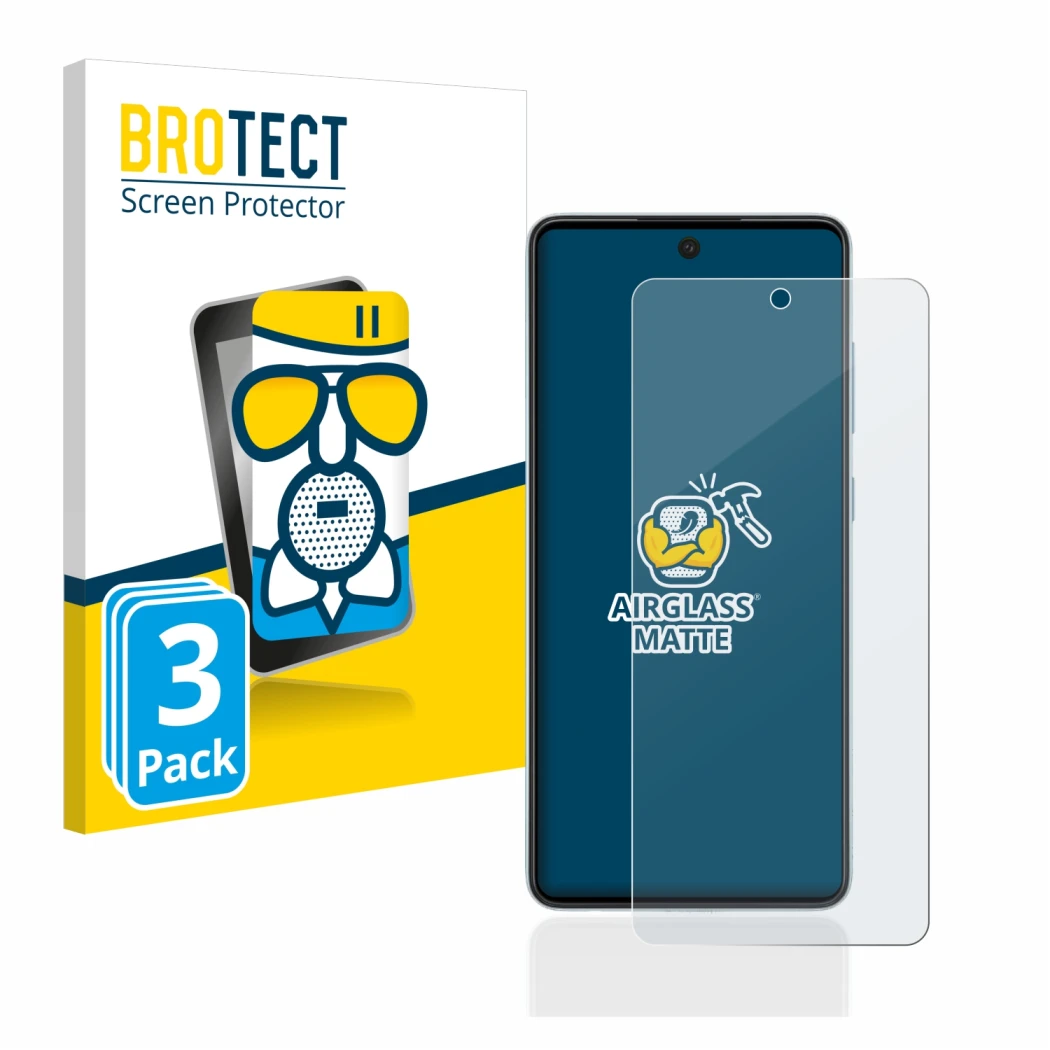 Front side of a product packaging with the brand logo BROTECT. Next to it is the device Samsung Galaxy A52 5G shown with the c