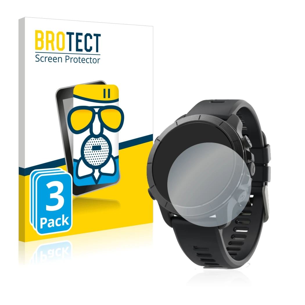 Front side of a product packaging with the brand logo BROTECT. Next to it is the device Wahoo Elemnt Rival shown with the corr