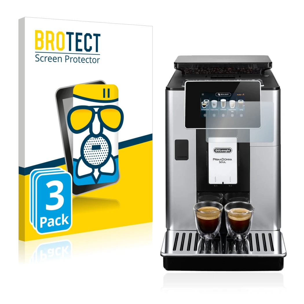 Front side of a product packaging with the brand logo BROTECT. Next to it is the device DeLonghi PrimaDonna Soul ECAM610.74.MB