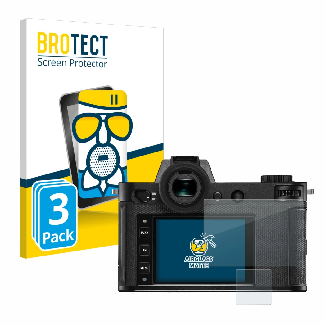 Front side of a product packaging with the brand logo BROTECT. Next to it is the device Leica SL2-S shown with the correspondi