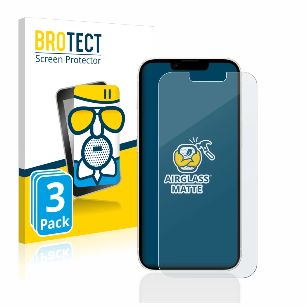 Front side of a product packaging with the brand logo BROTECT. Next to it is the device Apple iPhone 13 shown with the corresp