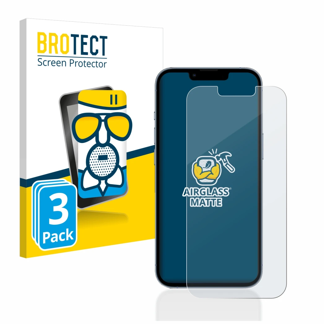 Front side of a product packaging with the brand logo BROTECT. Next to it is the device Apple iPhone 13 Pro shown with the cor