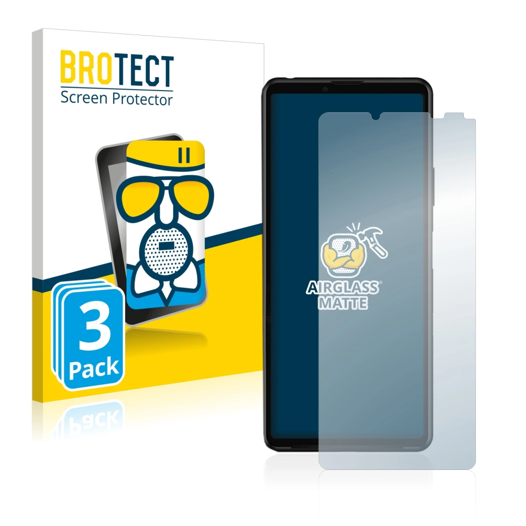 Front side of a product packaging with the brand logo BROTECT. Next to it is the device Sony Xperia 10 III shown with the corr