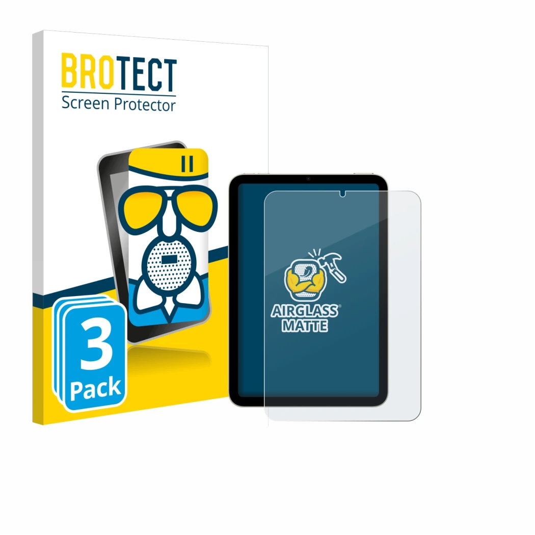 Front side of a product packaging with the brand logo BROTECT. Next to it is the device Apple iPad Mini 6 WiFi 2021 shown with