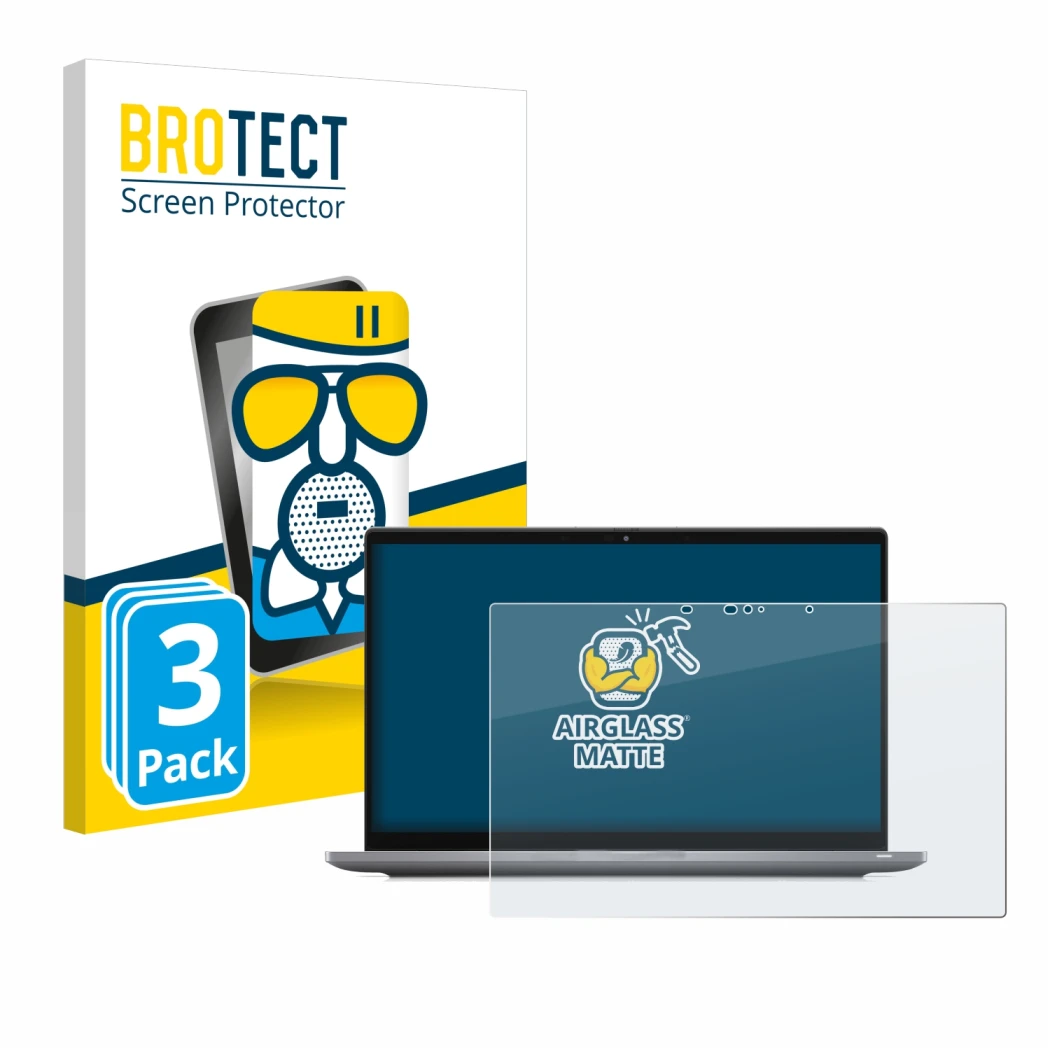 Front side of a product packaging with the brand logo BROTECT. Next to it is the device Dell Latitude 7420 2-in-1 Touch shown 