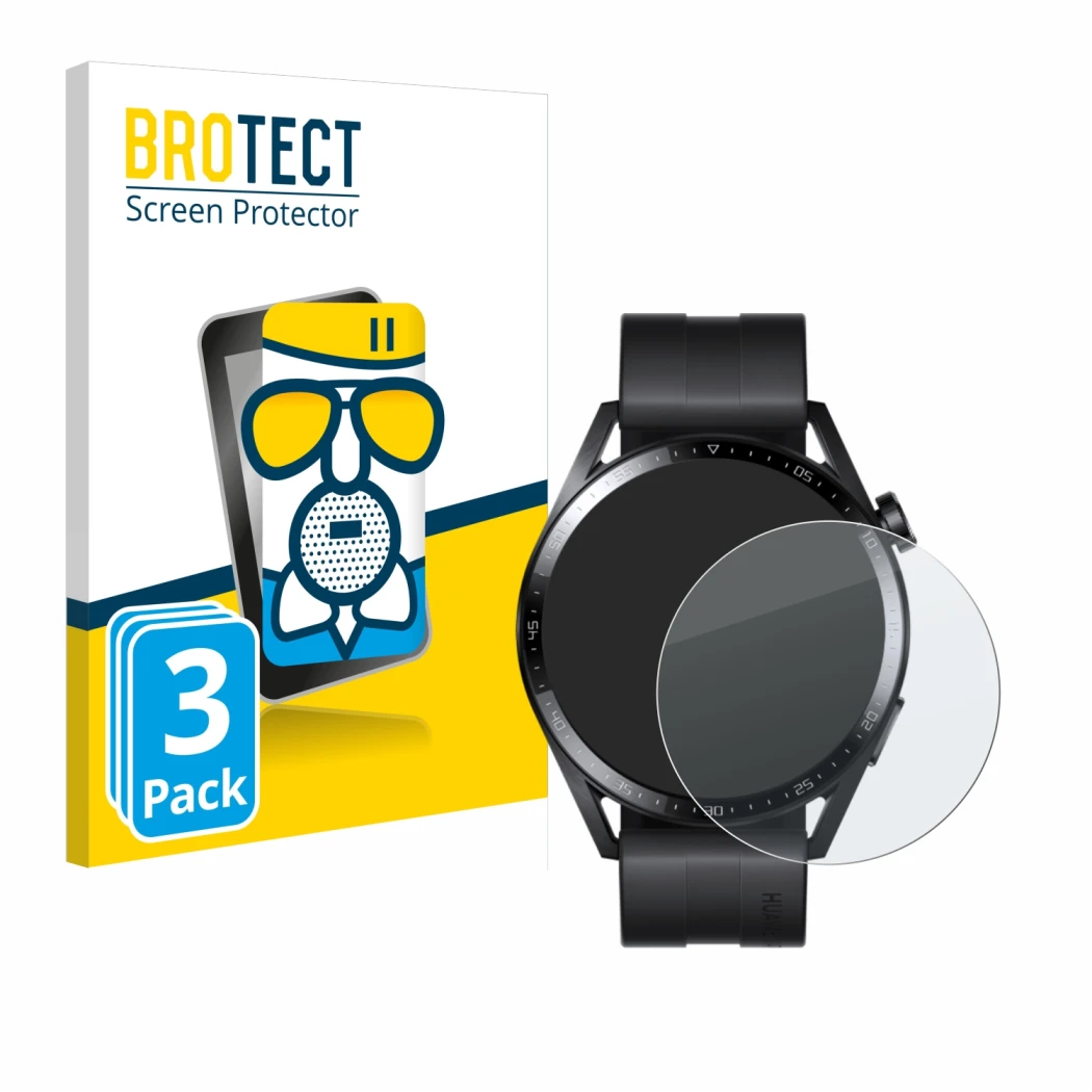 Front side of a product packaging with the brand logo BROTECT. Next to it is the device Huawei Watch GT 3 (46 mm) shown with t