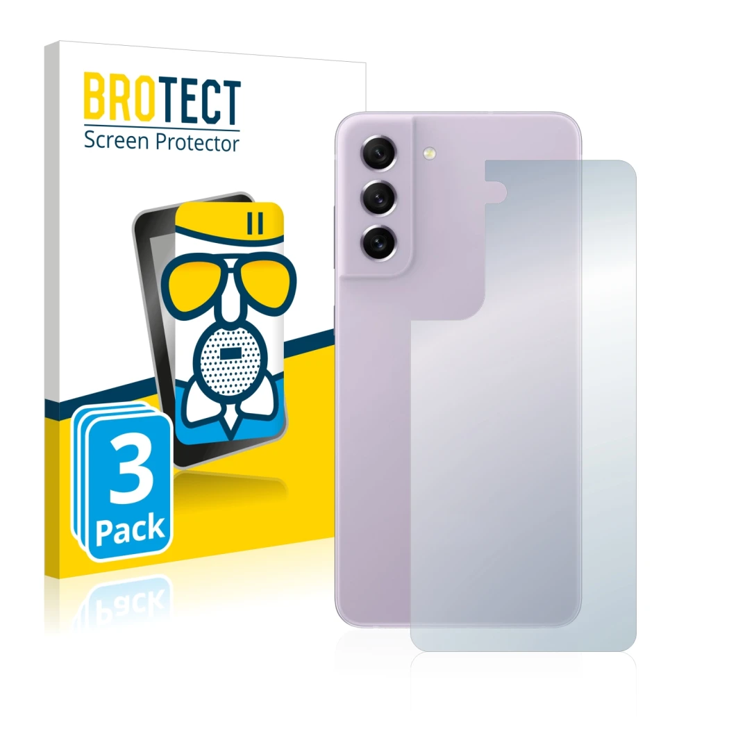 Front side of a product packaging with the brand logo BROTECT. Next to it is the device Samsung Galaxy S21 FE 5G (Back) shown 