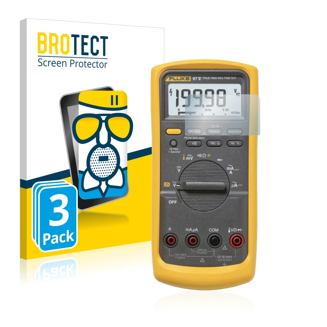 Front side of a product packaging with the brand logo BROTECT. Next to it is the device Fluke 87v shown with the corresponding