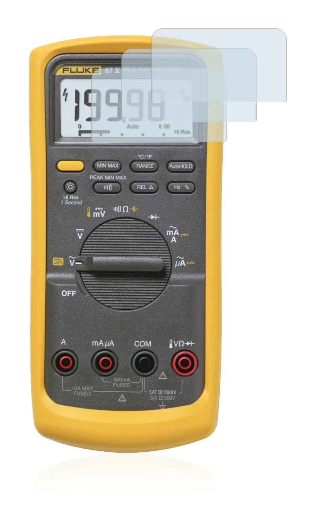 Image of the device Fluke 87v with a wide variety of screen protectors.