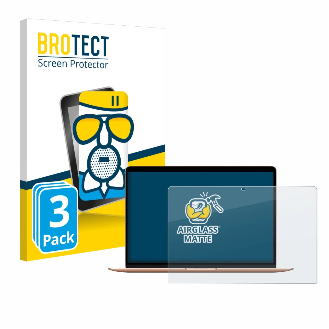 Front side of a product packaging with the brand logo BROTECT. Next to it is the device Apple MacBook Air M1 2020 shown with t