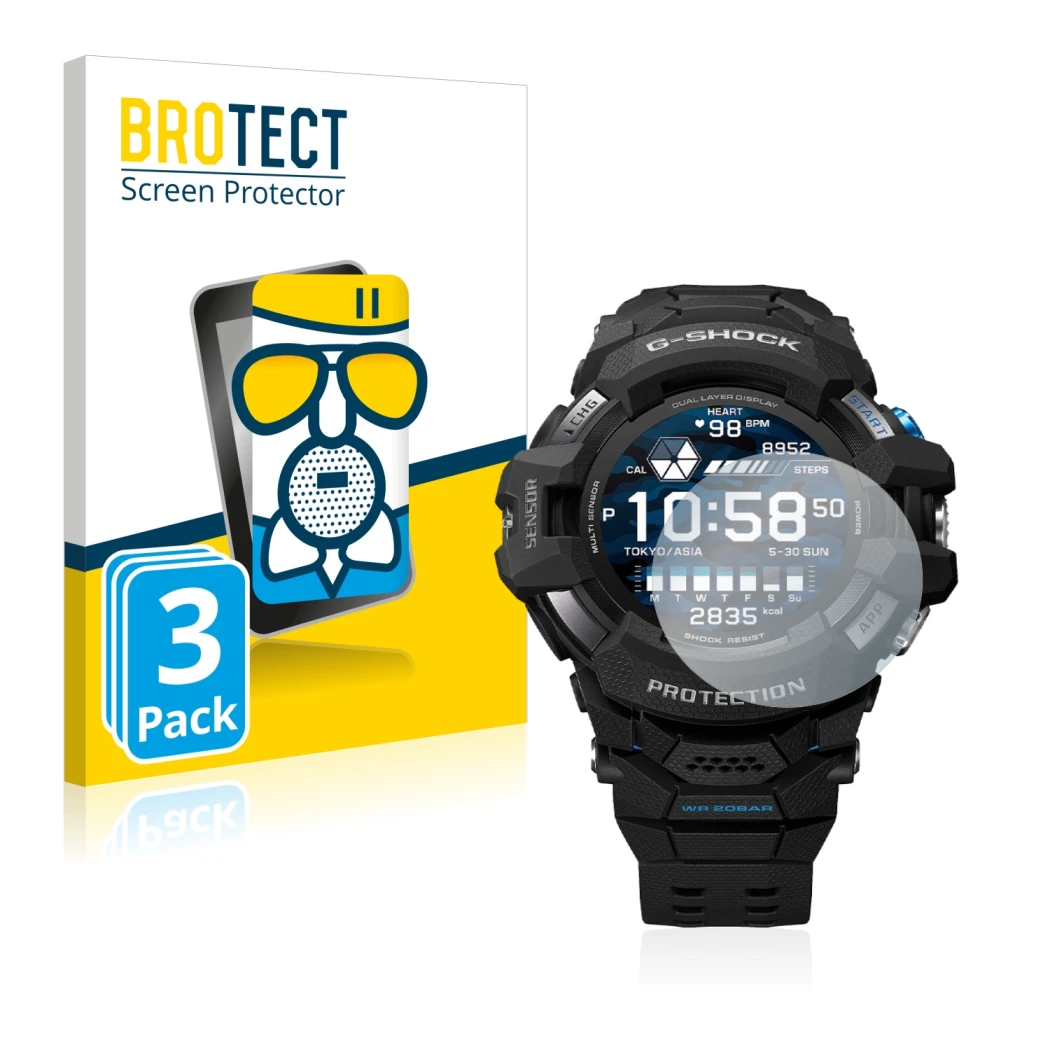 Front side of a product packaging with the brand logo BROTECT. Next to it is the device Casio G-Shock GSW-H1000 shown with the