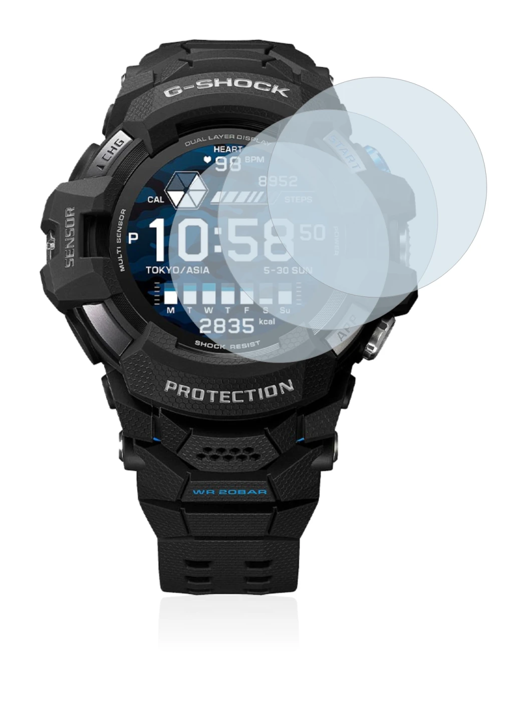 Image of the device Casio G-Shock GSW-H1000 with a wide variety of screen protectors.