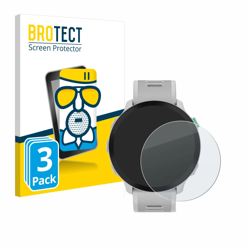 Front side of a product packaging with the brand logo BROTECT. Next to it is the device Garmin Forerunner 55 shown with the co