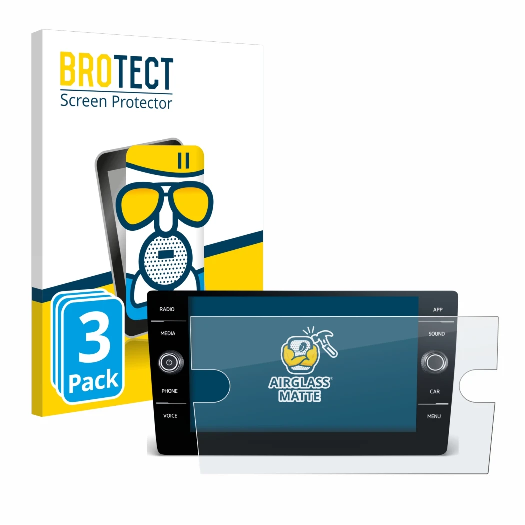 Front side of a product packaging with the brand logo BROTECT. Next to it is the device Volkswagen T6 2021 Discover Media 8