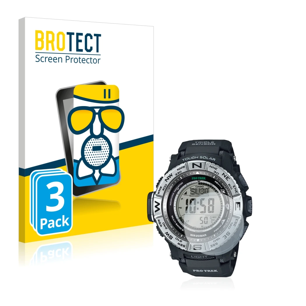 Front side of a product packaging with the brand logo BROTECT. Next to it is the device Casio Pro Trek PRW-3500-1 shown with t
