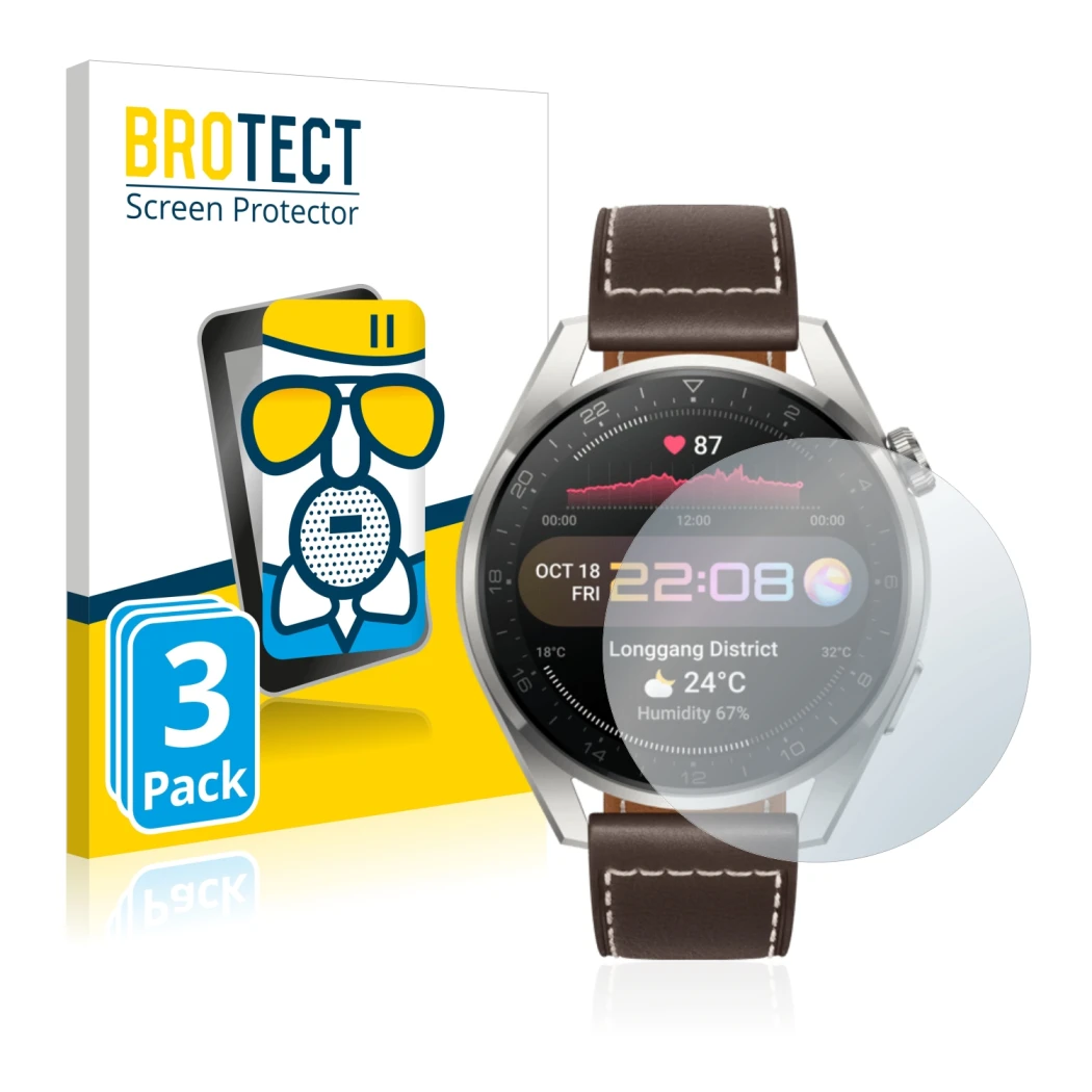 Front side of a product packaging with the brand logo BROTECT. Next to it is the device Huawei Watch 3 Pro shown with the corr
