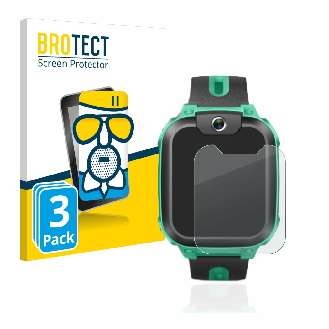 Front side of a product packaging with the brand logo BROTECT. Next to it is the device Imoo Watch Phone Z1 shown with the cor