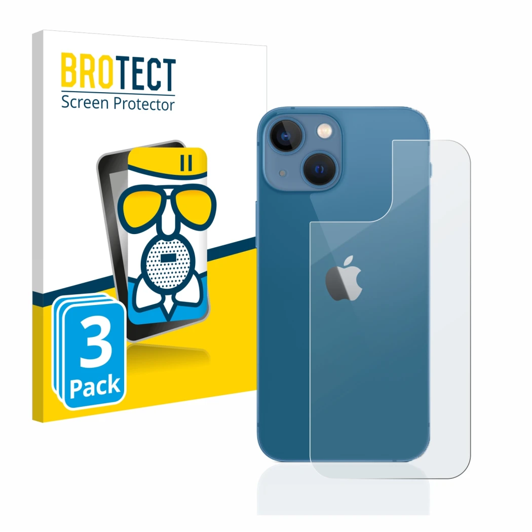 Front side of a product packaging with the brand logo BROTECT. Next to it is the device Apple iPhone 13 mini (Back) shown with