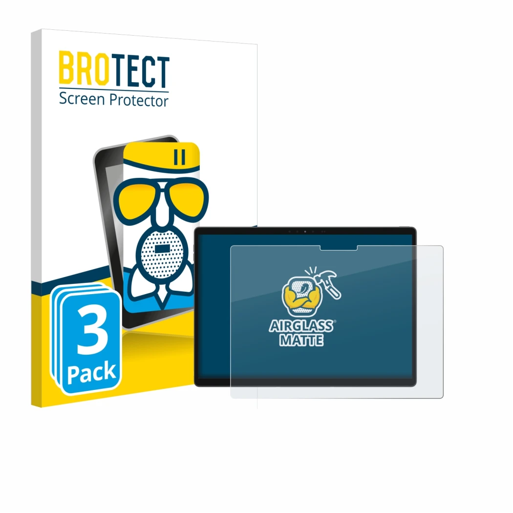 Front side of a product packaging with the brand logo BROTECT. Next to it is the device Dell Latitude 7320 Detachable shown wi