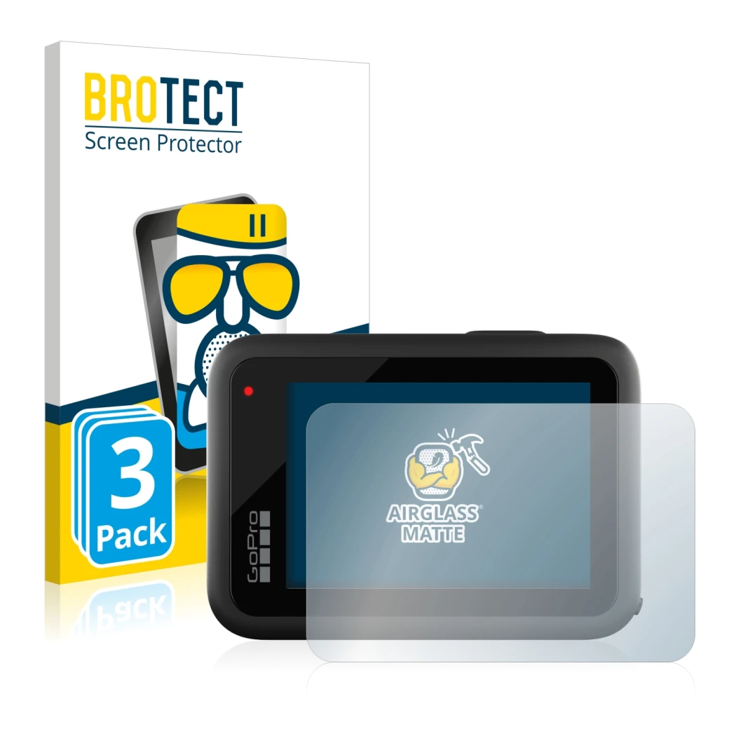 Front side of a product packaging with the brand logo BROTECT. Next to it is the device GoPro Hero 10 Black shown with the cor