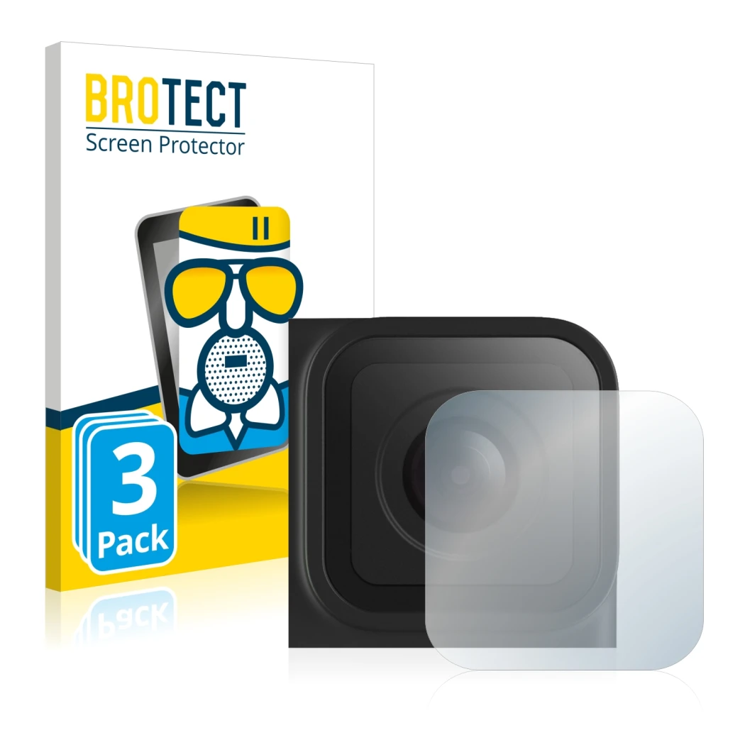 Front side of a product packaging with the brand logo BROTECT. Next to it is the device GoPro Hero 10 Black Lens (housing) sho