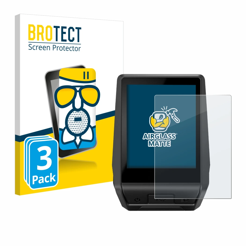 Front side of a product packaging with the brand logo BROTECT. Next to it is the device Bosch Nyon 2 2021 shown with the corre