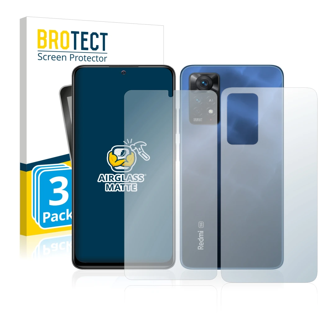 Front side of a product packaging with the brand logo BROTECT. Next to it is the device Xiaomi Redmi Note 11 Pro 5G (Front+Bac