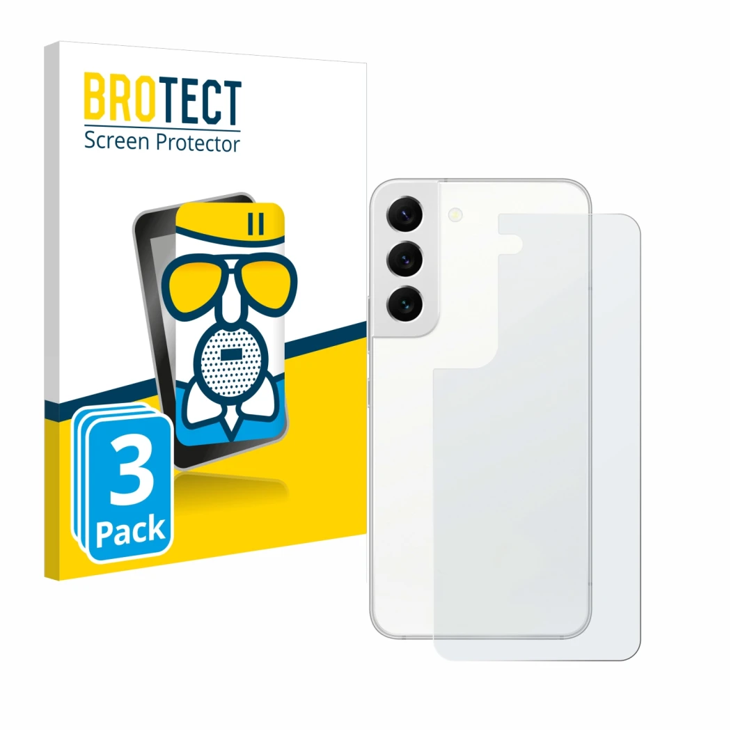 Front side of a product packaging with the brand logo BROTECT. Next to it is the device Samsung Galaxy S22 5G (Back) shown wit