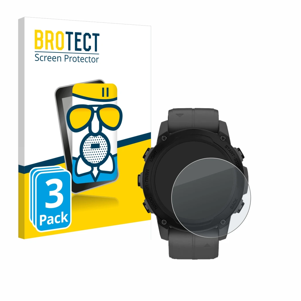 Front side of a product packaging with the brand logo BROTECT. Next to it is the device Garmin Descent G1 shown with the corre