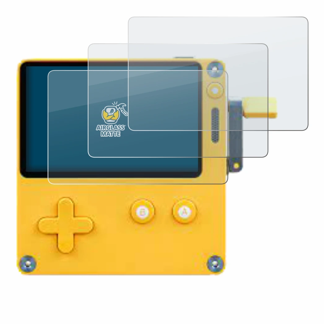 Image of the device Panic Playdate with a wide variety of screen protectors.