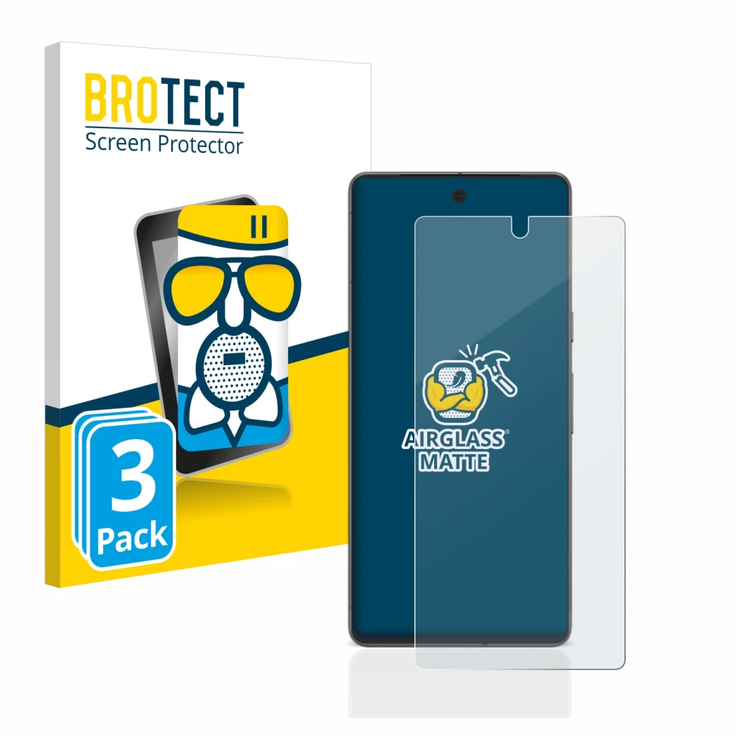 Front side of a product packaging with the brand logo BROTECT. Next to it is the device Google Pixel 7 shown with the correspo