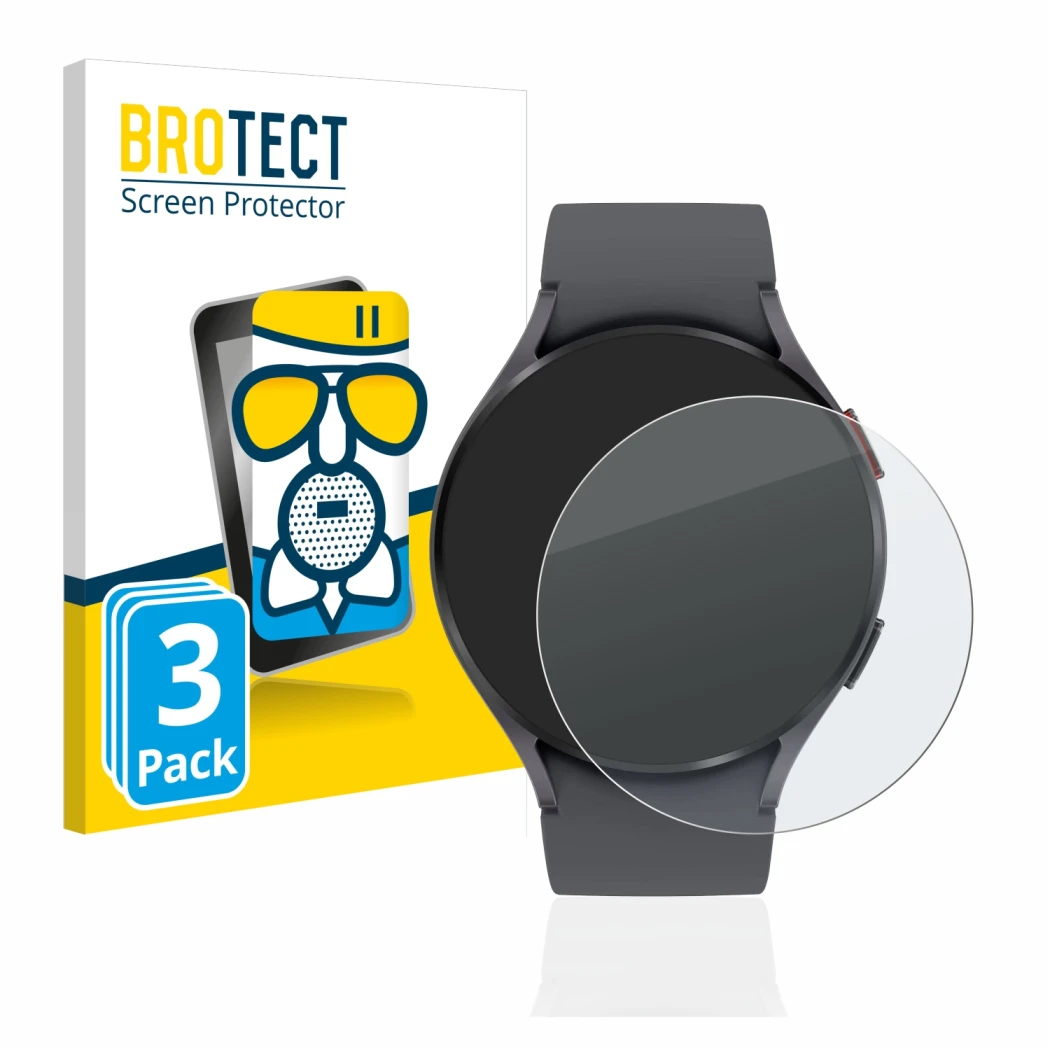 Front side of a product packaging with the brand logo BROTECT. Next to it is the device Samsung Galaxy Watch 5 (44mm) shown wi