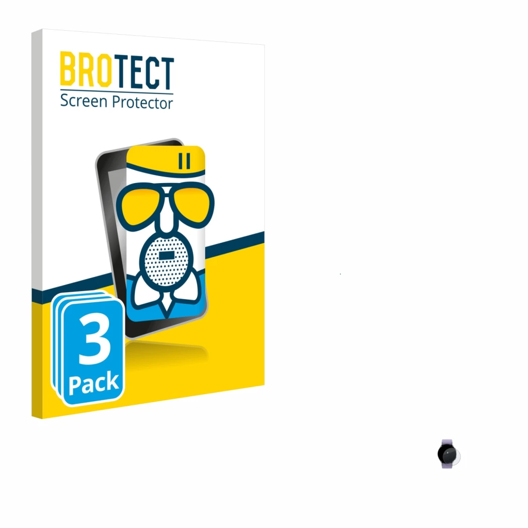 Front side of a product packaging with the brand logo BROTECT. Next to it is the device Samsung Galaxy Watch 5 (40mm) shown wi