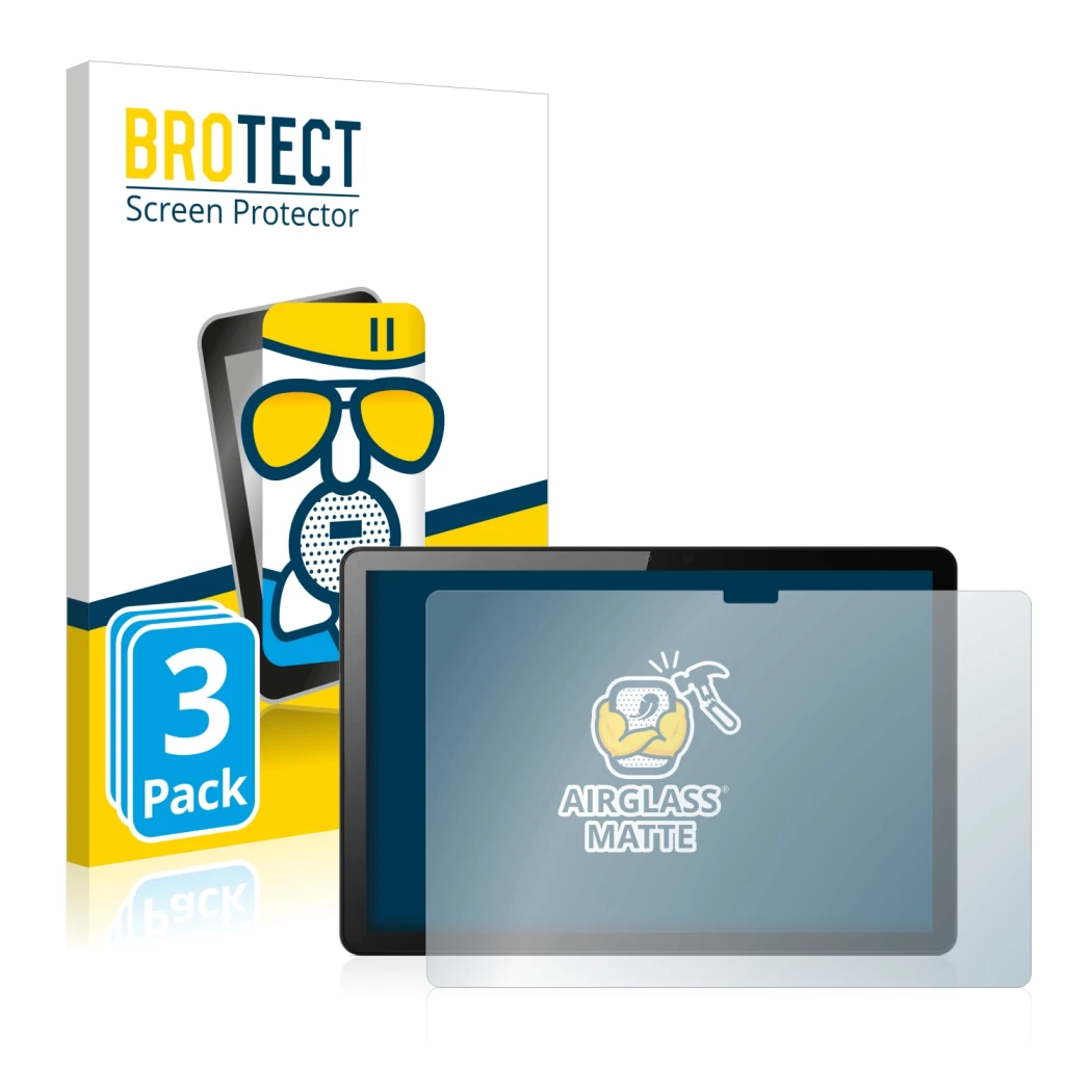 Front side of a product packaging with the brand logo BROTECT. Next to it is the device Lenovo Tab M10 (3th Gen.) shown with t