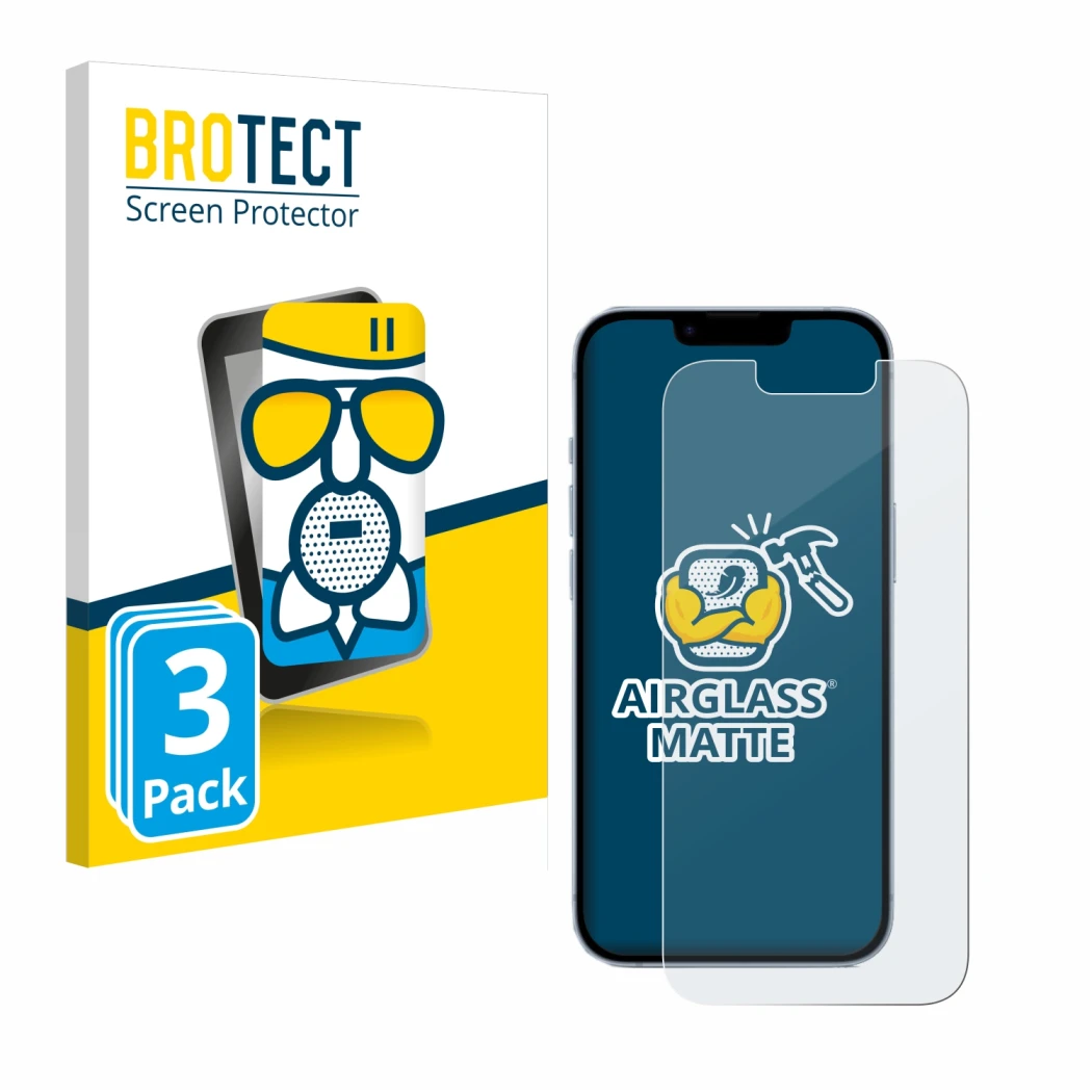 Front side of a product packaging with the brand logo BROTECT. Next to it is the device Apple iPhone 14 shown with the corresp