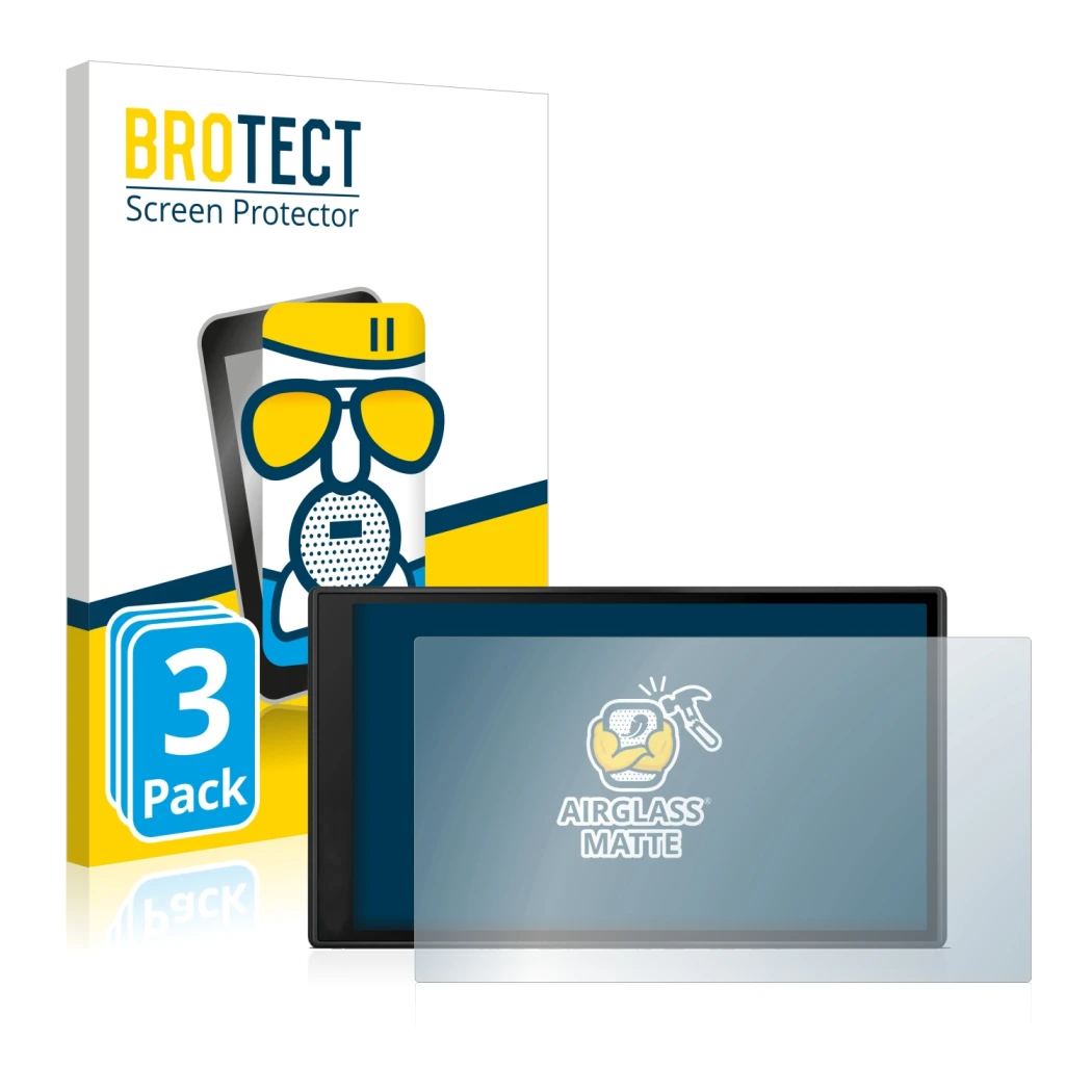 Front side of a product packaging with the brand logo BROTECT. Next to it is the device Garmin DriveSmart 66 shown with the co