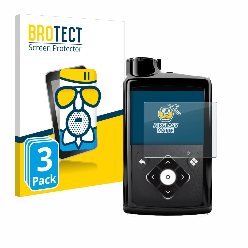 Front side of a product packaging with the brand logo BROTECT. Next to it is the device Medtronic Minimed 780G shown with the 