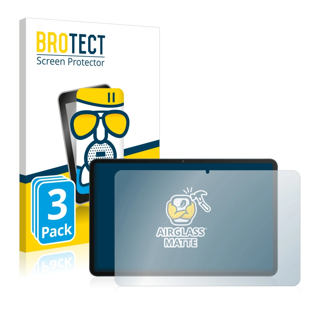 Front side of a product packaging with the brand logo BROTECT. Next to it is the device Honor Pad 8 shown with the correspondi