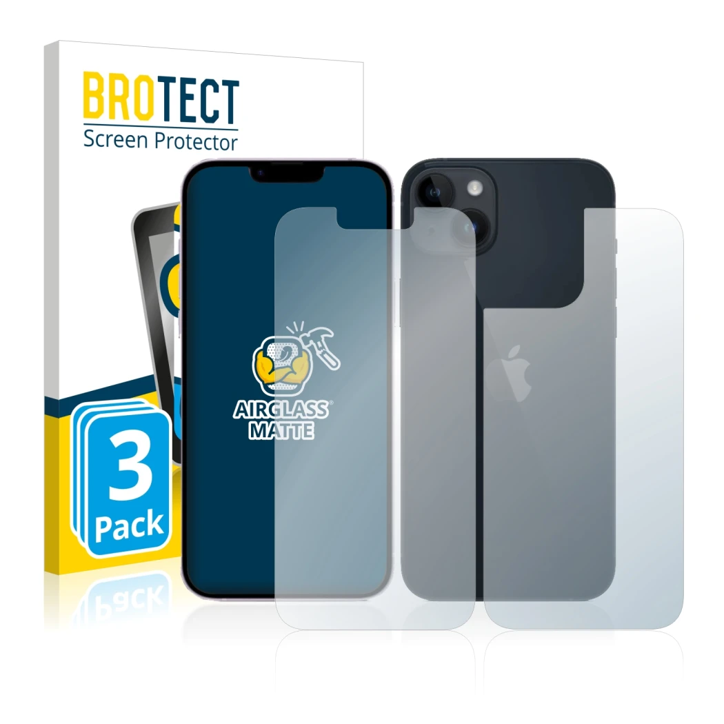Front side of a product packaging with the brand logo BROTECT. Next to it is the device Apple iPhone 14 (Front+Back) shown wit