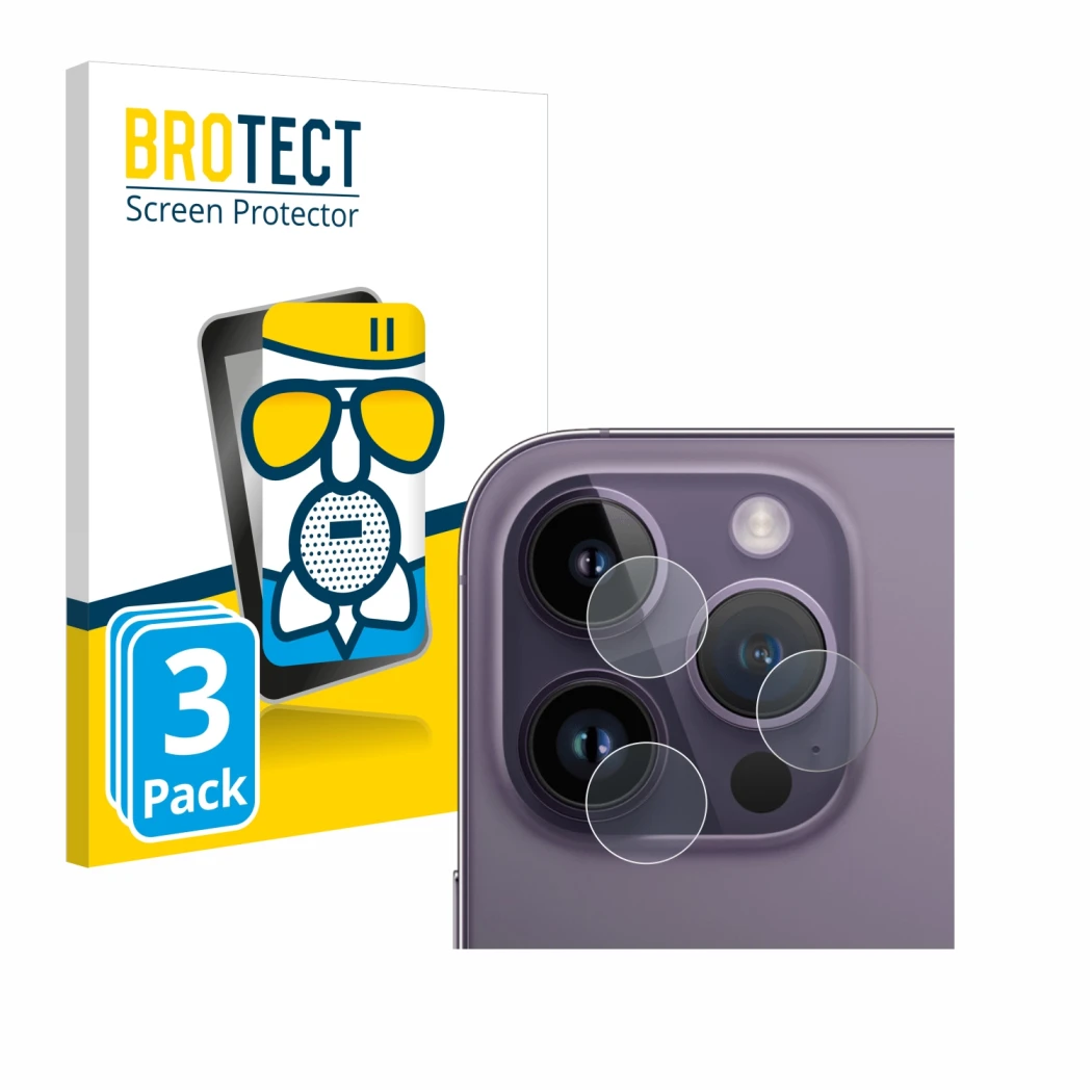 Front side of a product packaging with the brand logo BROTECT. Next to it is the device Apple iPhone 14 Pro (ONLY Camera Lens)