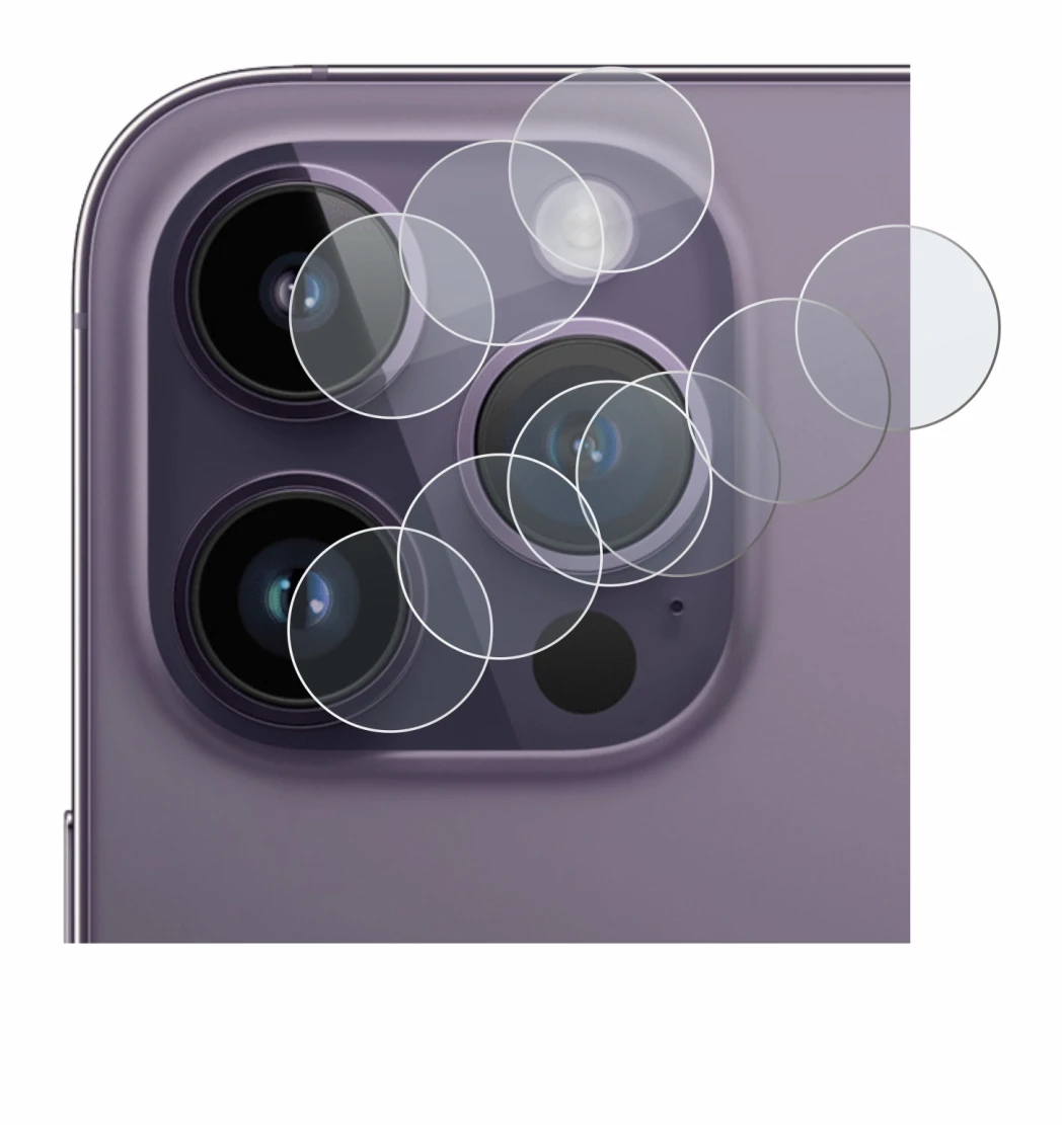 Image of the device Apple iPhone 14 Pro (ONLY Camera Lens) with a wide variety of screen protectors.
