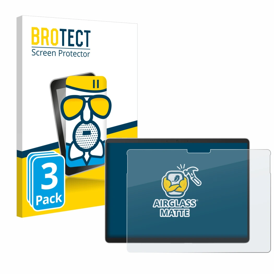 Front side of a product packaging with the brand logo BROTECT. Next to it is the device Microsoft Surface Pro 9 shown with the