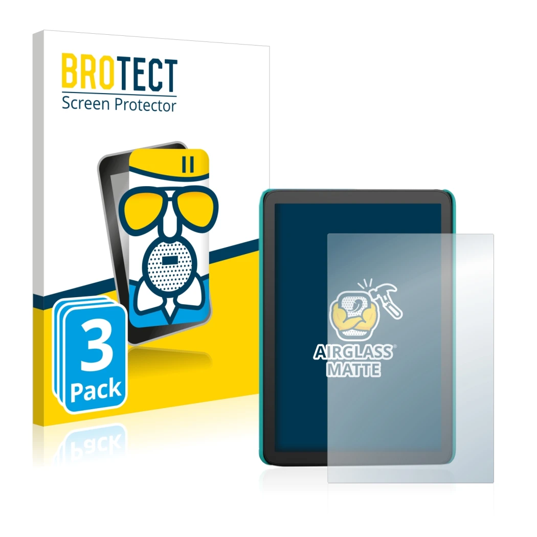Front side of a product packaging with the brand logo BROTECT. Next to it is the device Amazon Kindle Kids (2022) shown with t