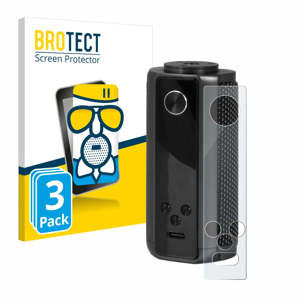 Front side of a product packaging with the brand logo BROTECT. Next to it is the device Vaporesso Target 200 Mod shown with th